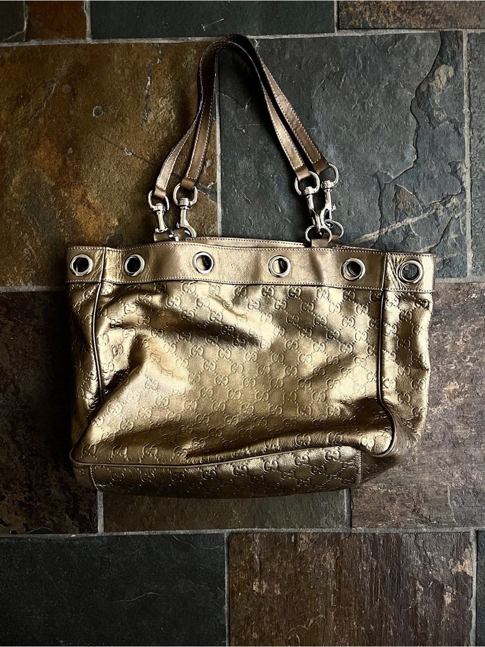 Gucci Metallic Gold Shoulder Tote with Monogram